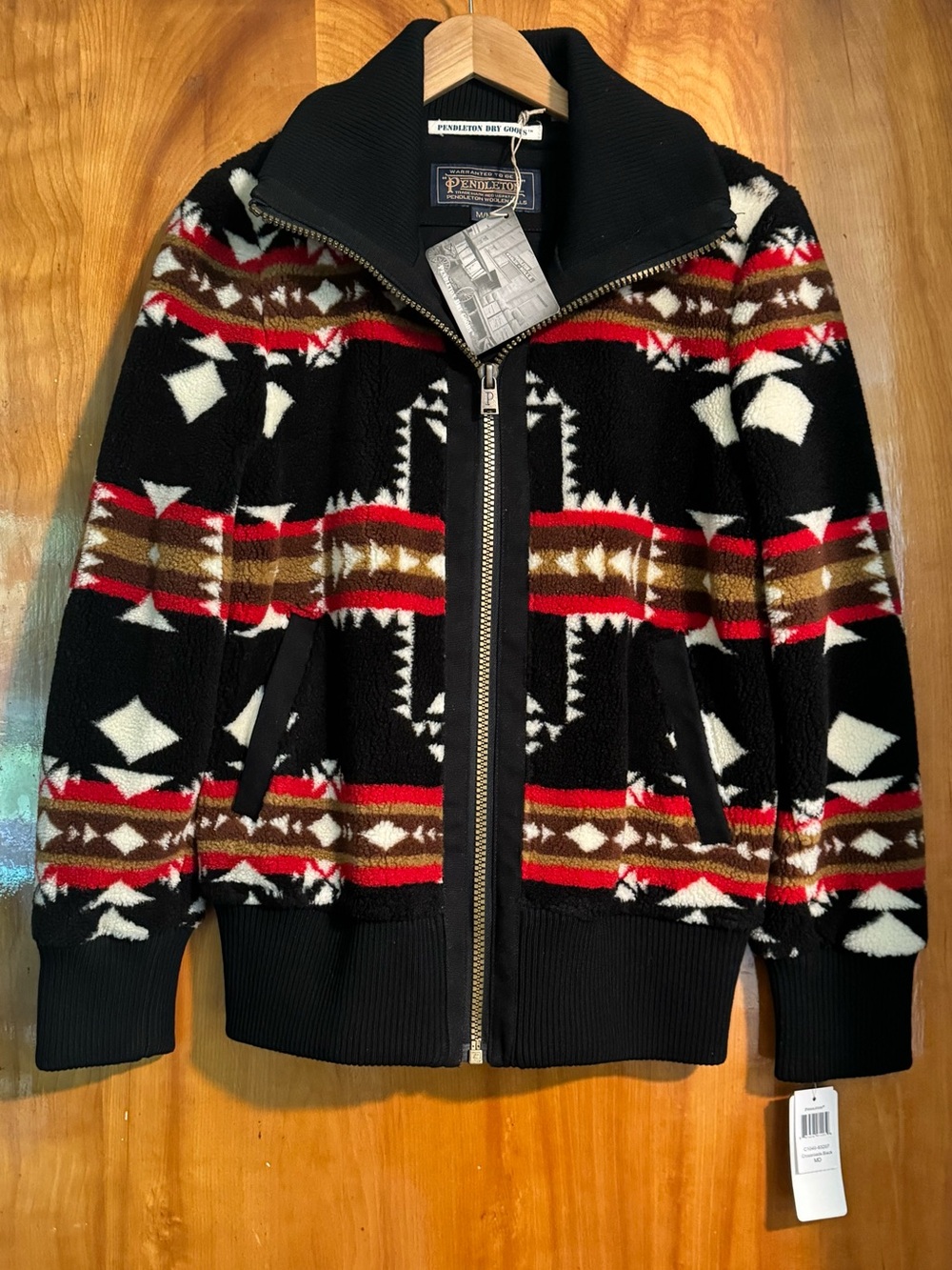 Pendleton Black Fleece Bomber Jacket with Red, Cream Native Pattern